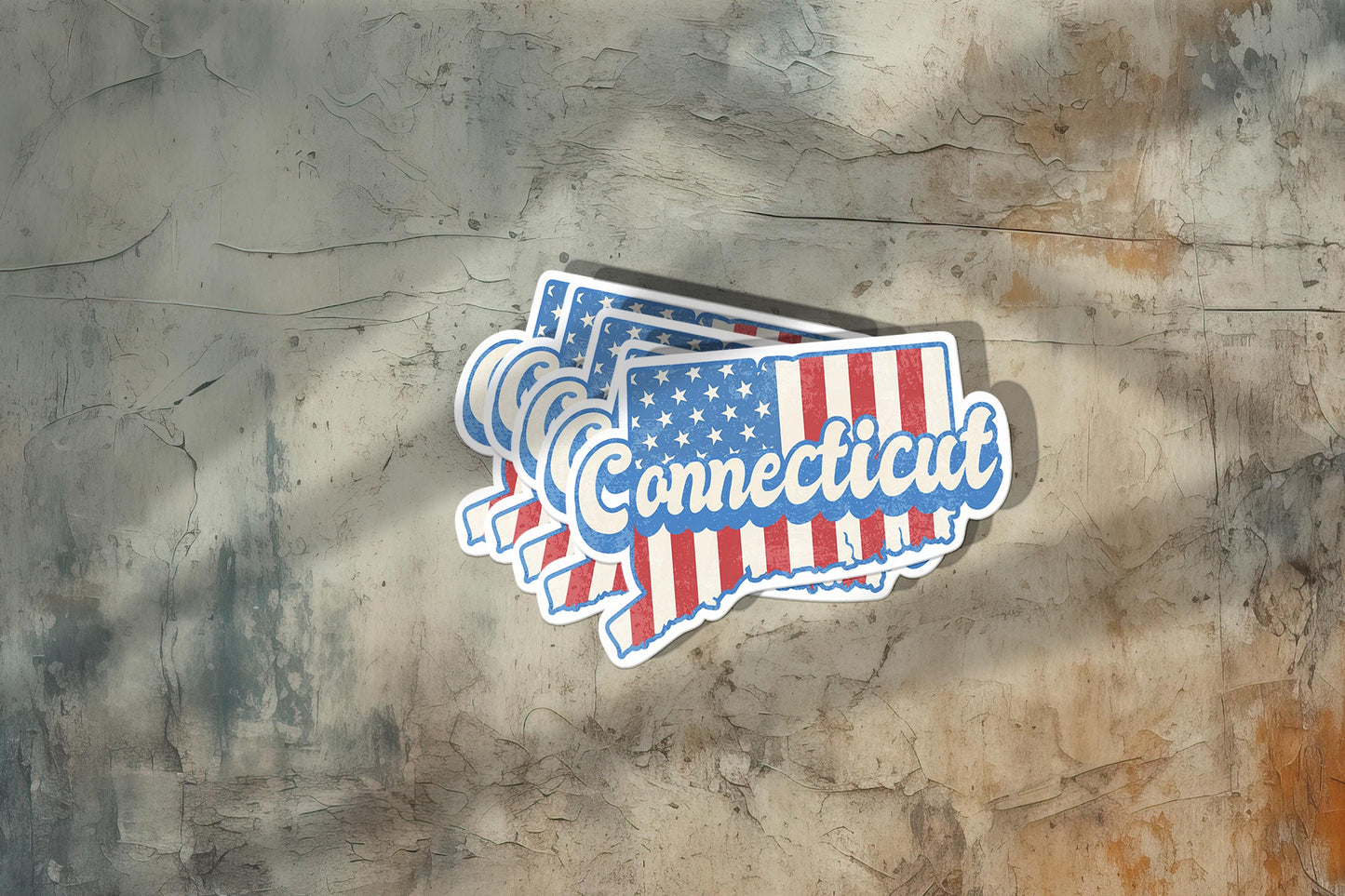 Connecticut State Sticker with American Flag Background | Weatherproof Vinyl Decal