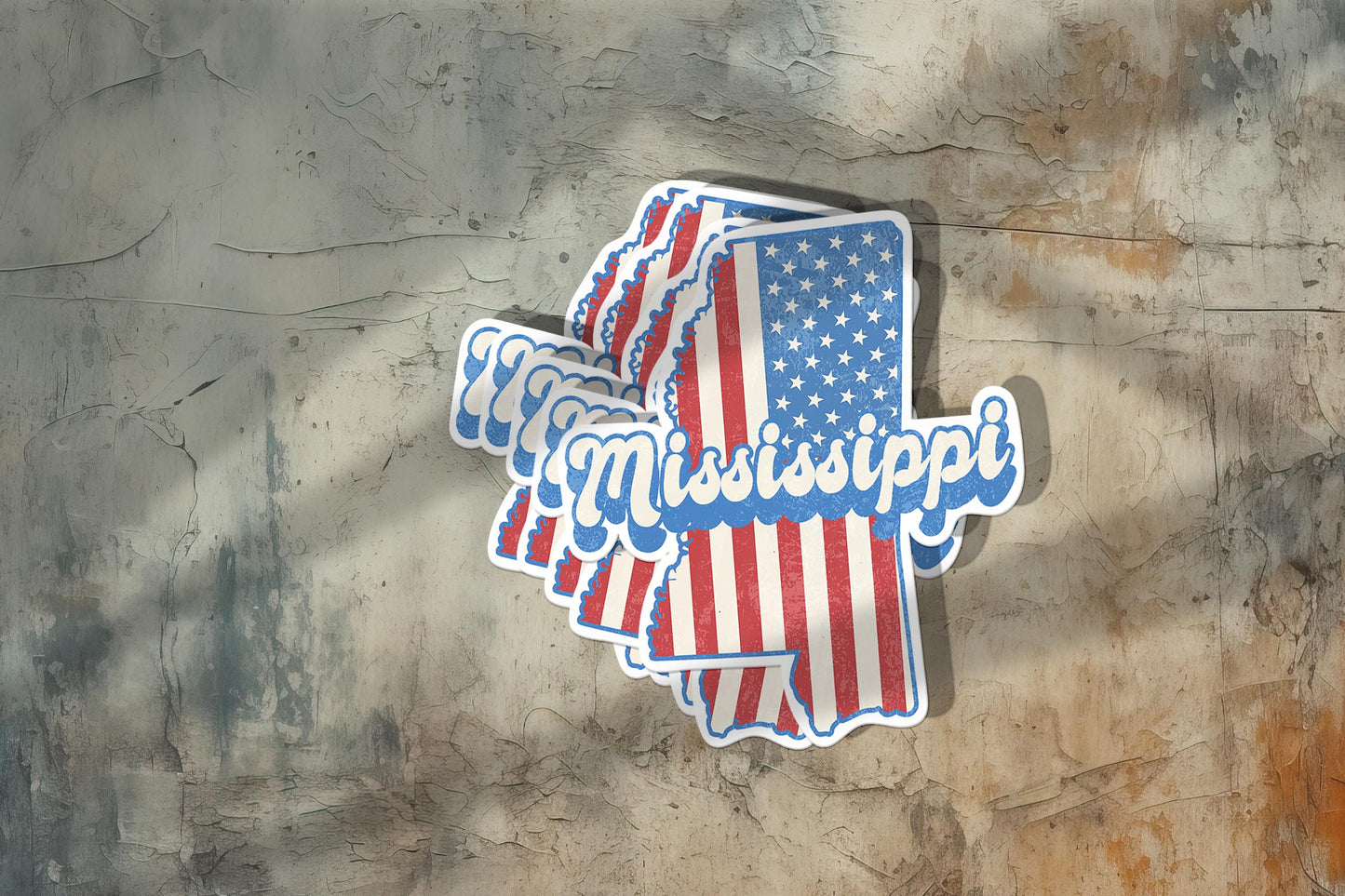 Mississippi State Sticker with American Flag Background | Weatherproof Vinyl Decal