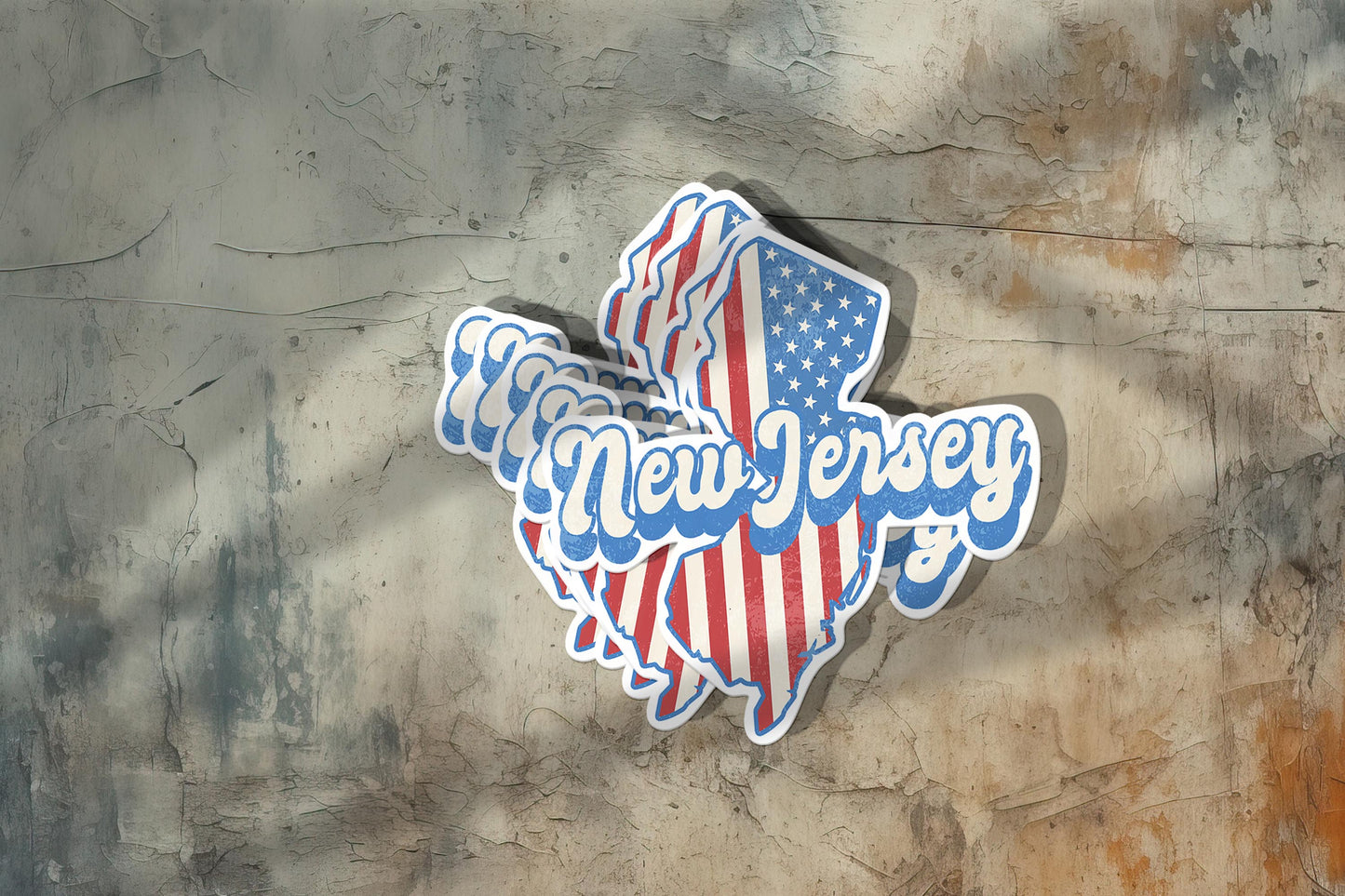 New Jersey State Sticker with American Flag Background | Weatherproof Vinyl Decal