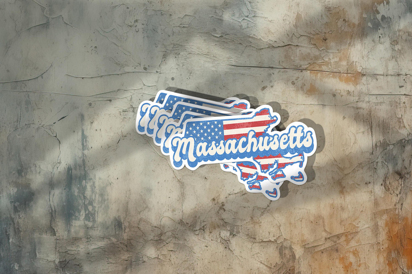 Massachusetts State Sticker with American Flag Background | Weatherproof Vinyl Decal