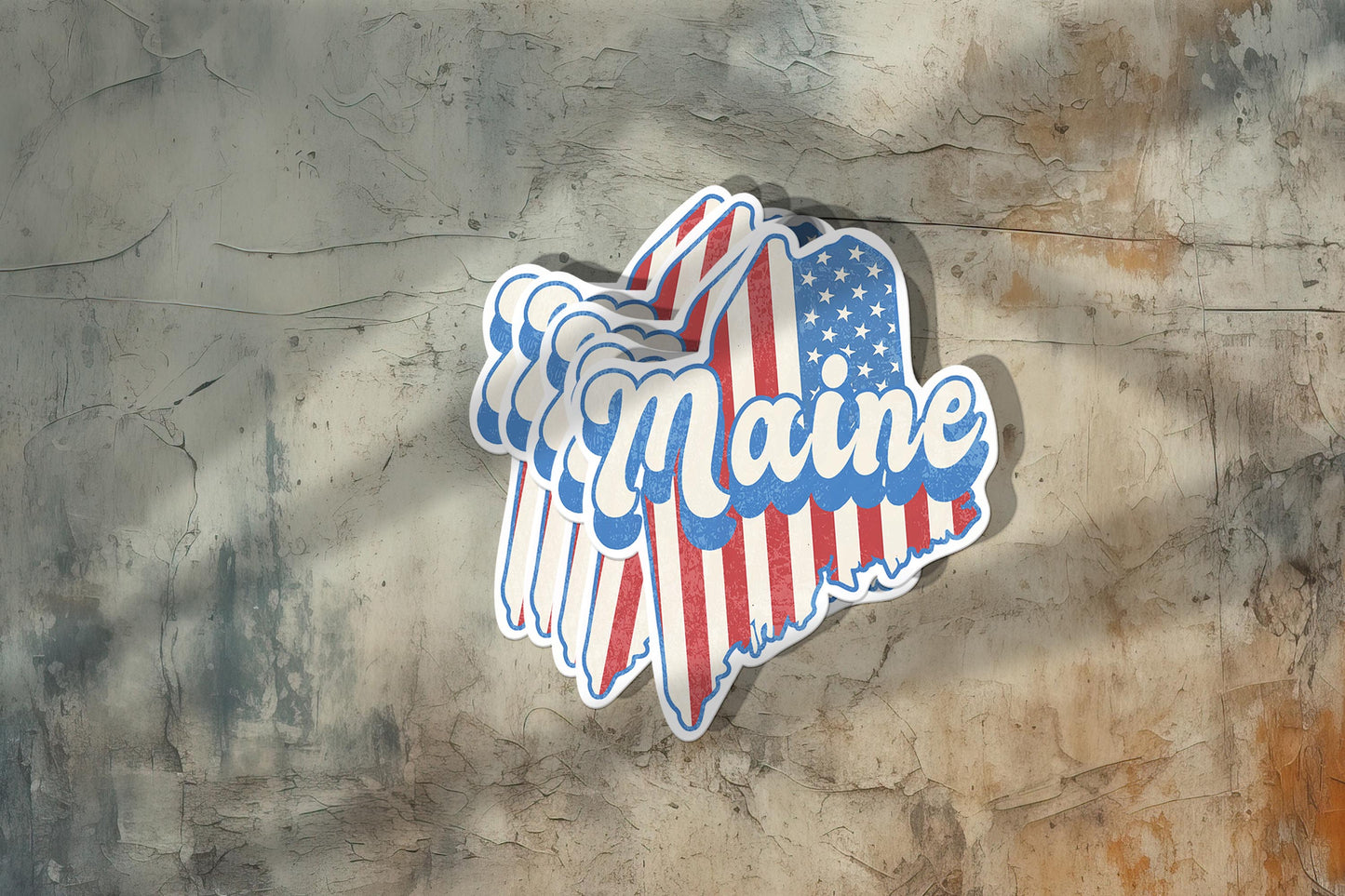 Maine State Sticker with American Flag Background | Weatherproof Vinyl Decal