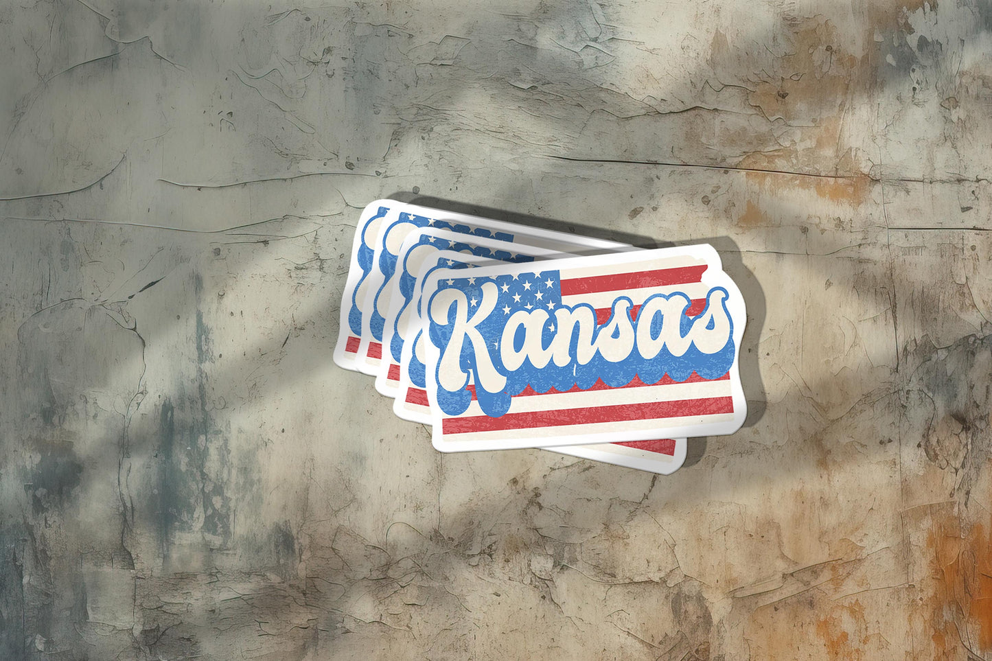 Kansas State Sticker with American Flag Background | Weatherproof Vinyl Decal