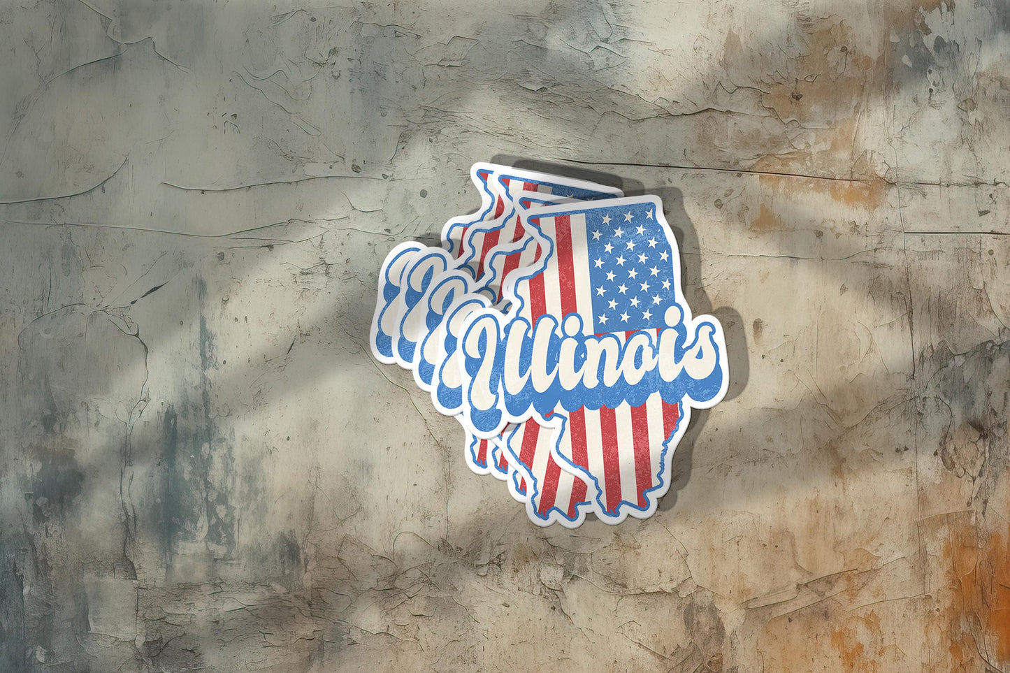 Illinois State Sticker with American Flag Background | Weatherproof Vinyl Decal