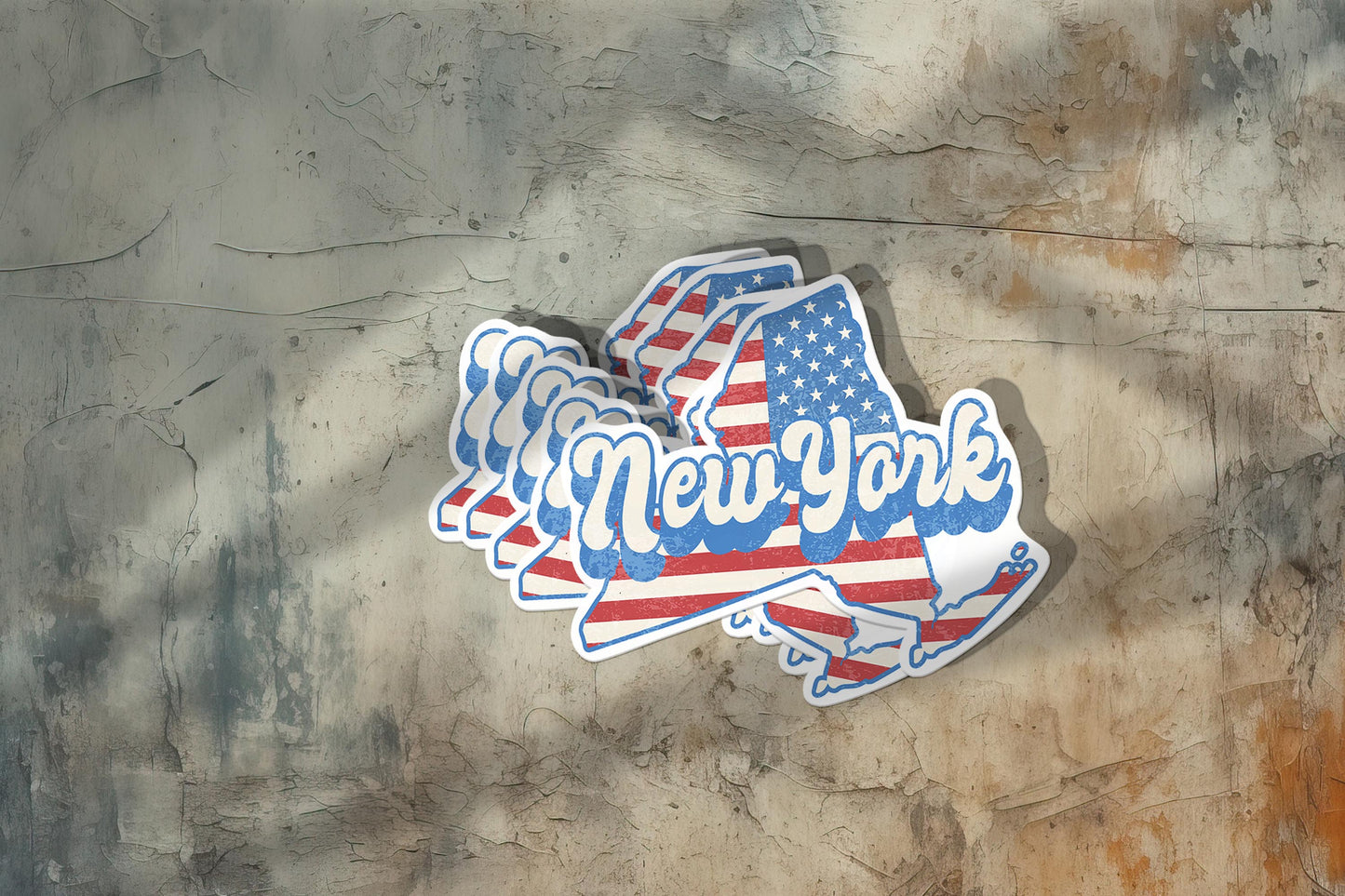 New York State Sticker with American Flag Background | Weatherproof Vinyl Decal