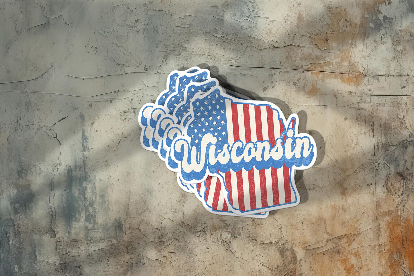 Wisconsin State Sticker with American Flag Background | Weatherproof Vinyl Decal