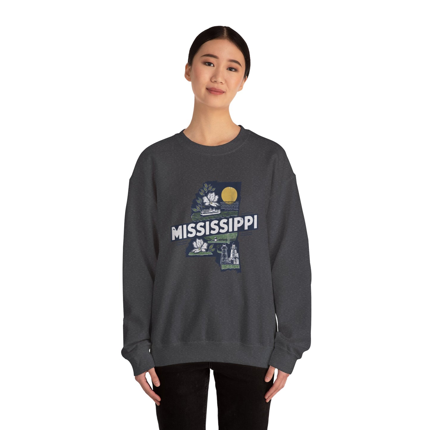 Mississippi State Map with Magnolia and Lighthouse Sweatshirt
