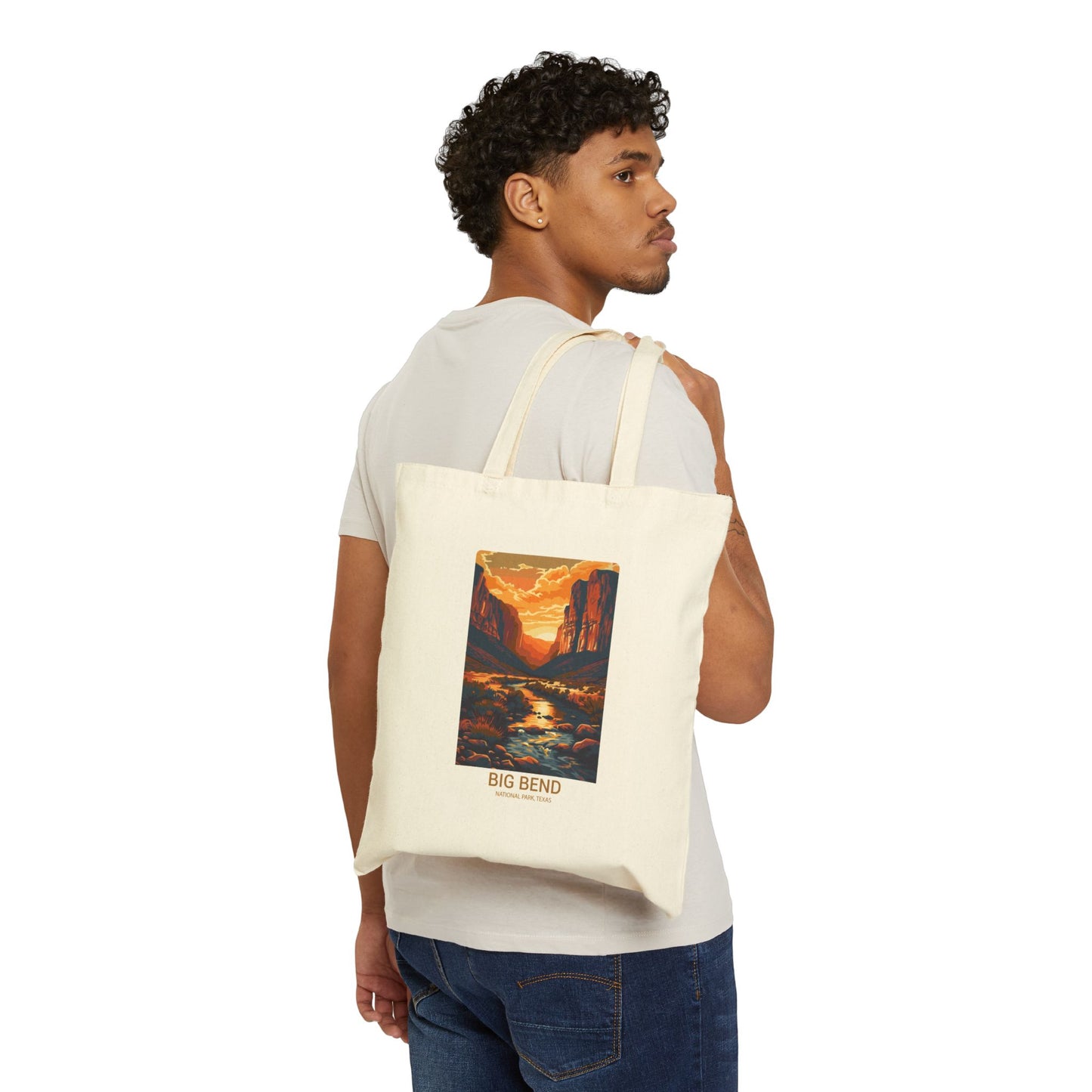 Big Bend National Park Sunset Tote Bag — Retro Desert Landscape Cotton Canvas Tote