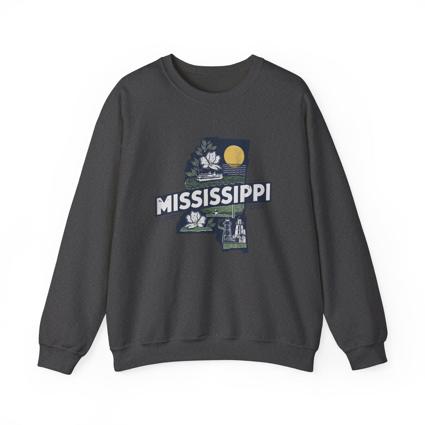 Mississippi State Map with Magnolia and Lighthouse Sweatshirt