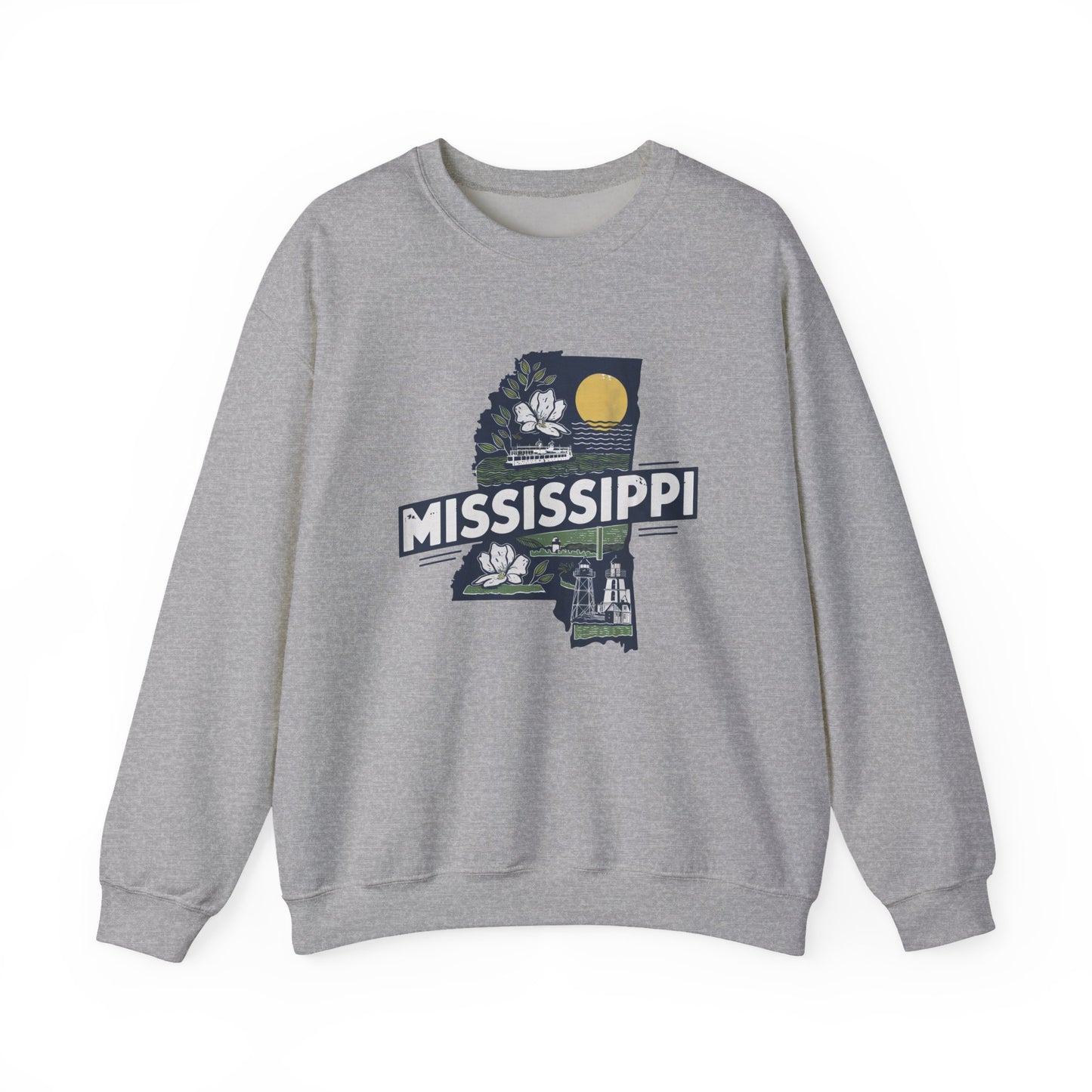 Mississippi State Map with Magnolia and Lighthouse Sweatshirt