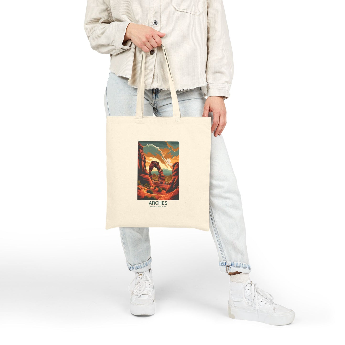 Arches National Park Tote Bag — Vintage Sunset Landscape Canvas Tote