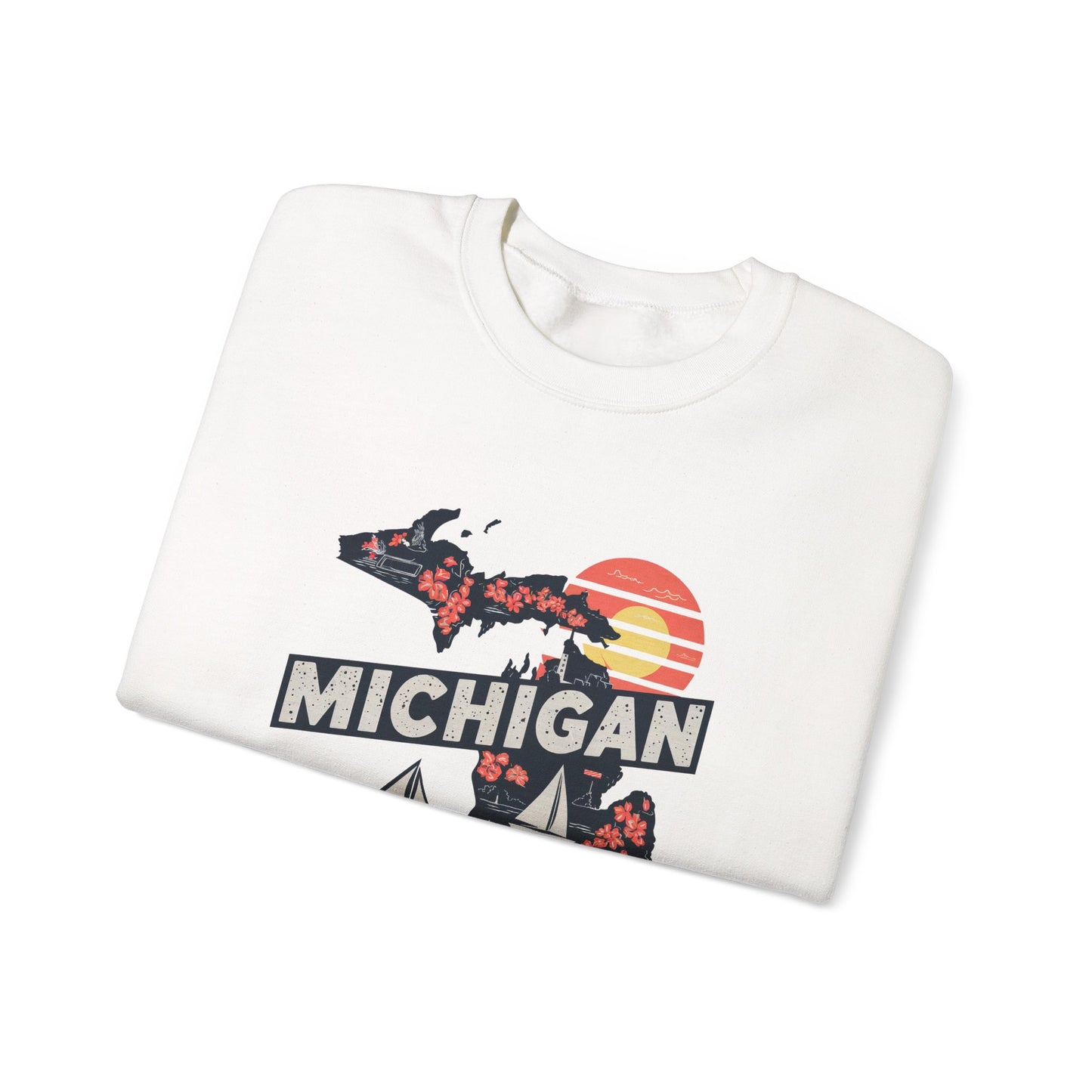 Michigan State Silhouette Sweatshirt | Retro Sunset Sailboat Lakeside