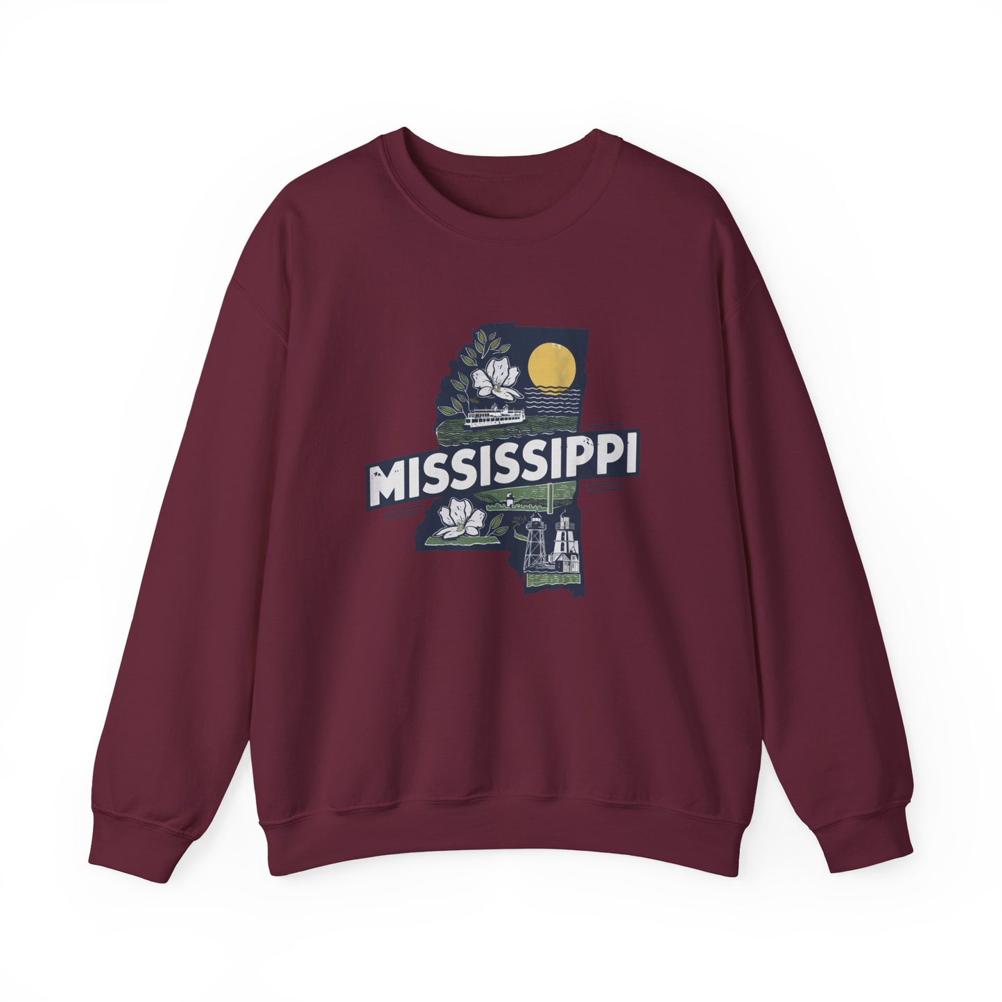 Mississippi State Map with Magnolia and Lighthouse Sweatshirt