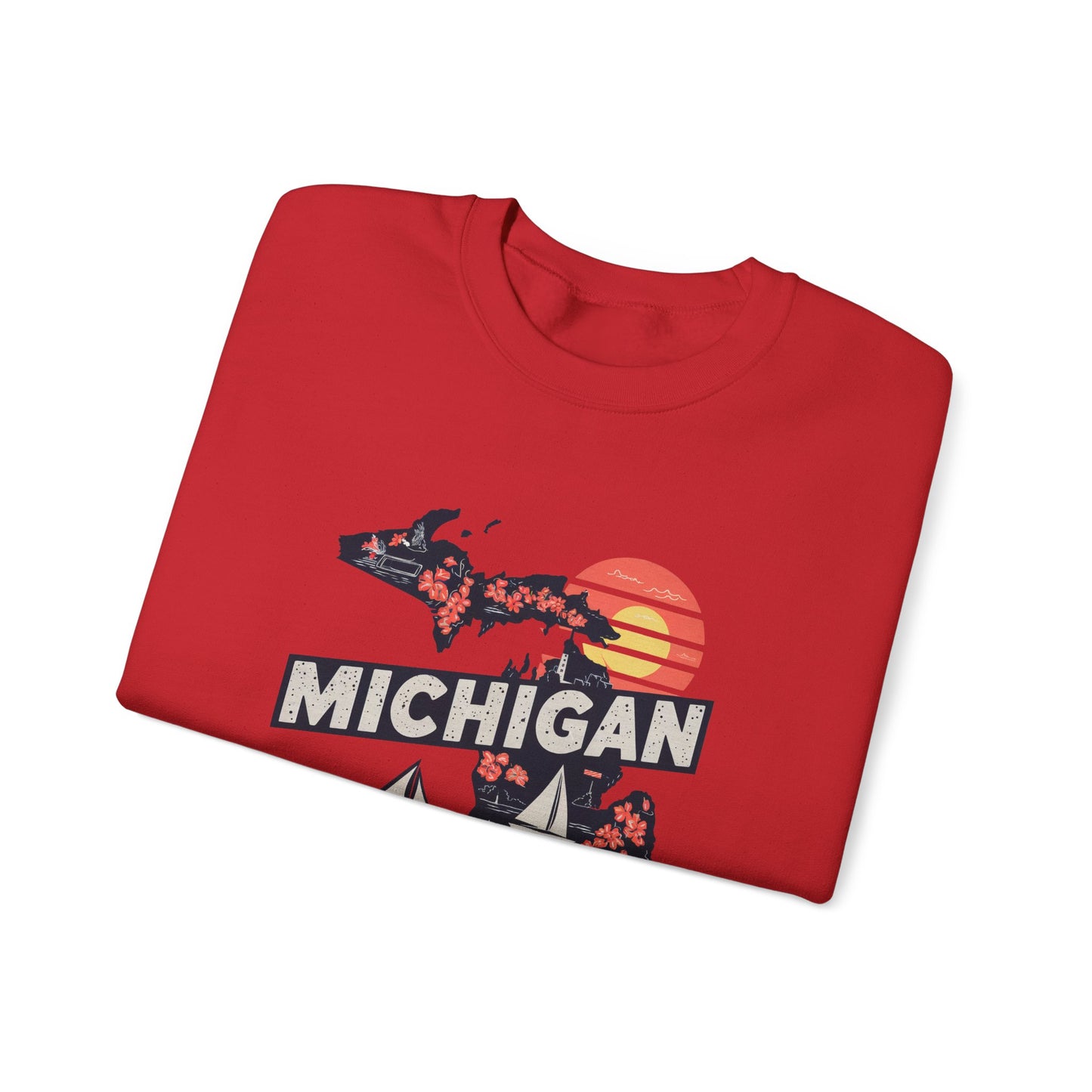 Michigan State Silhouette Sweatshirt | Retro Sunset Sailboat Lakeside