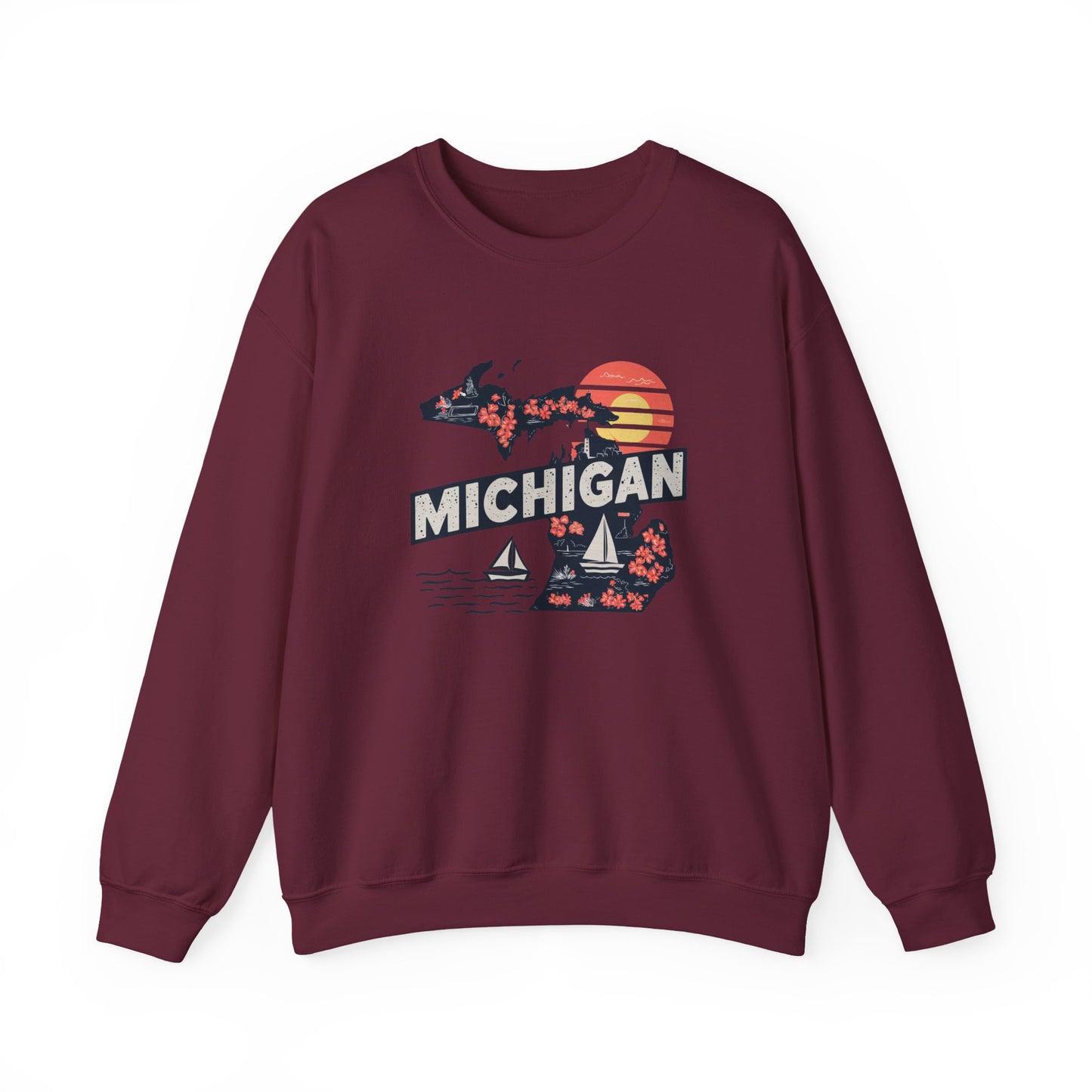 Michigan State Silhouette Sweatshirt | Retro Sunset Sailboat Lakeside