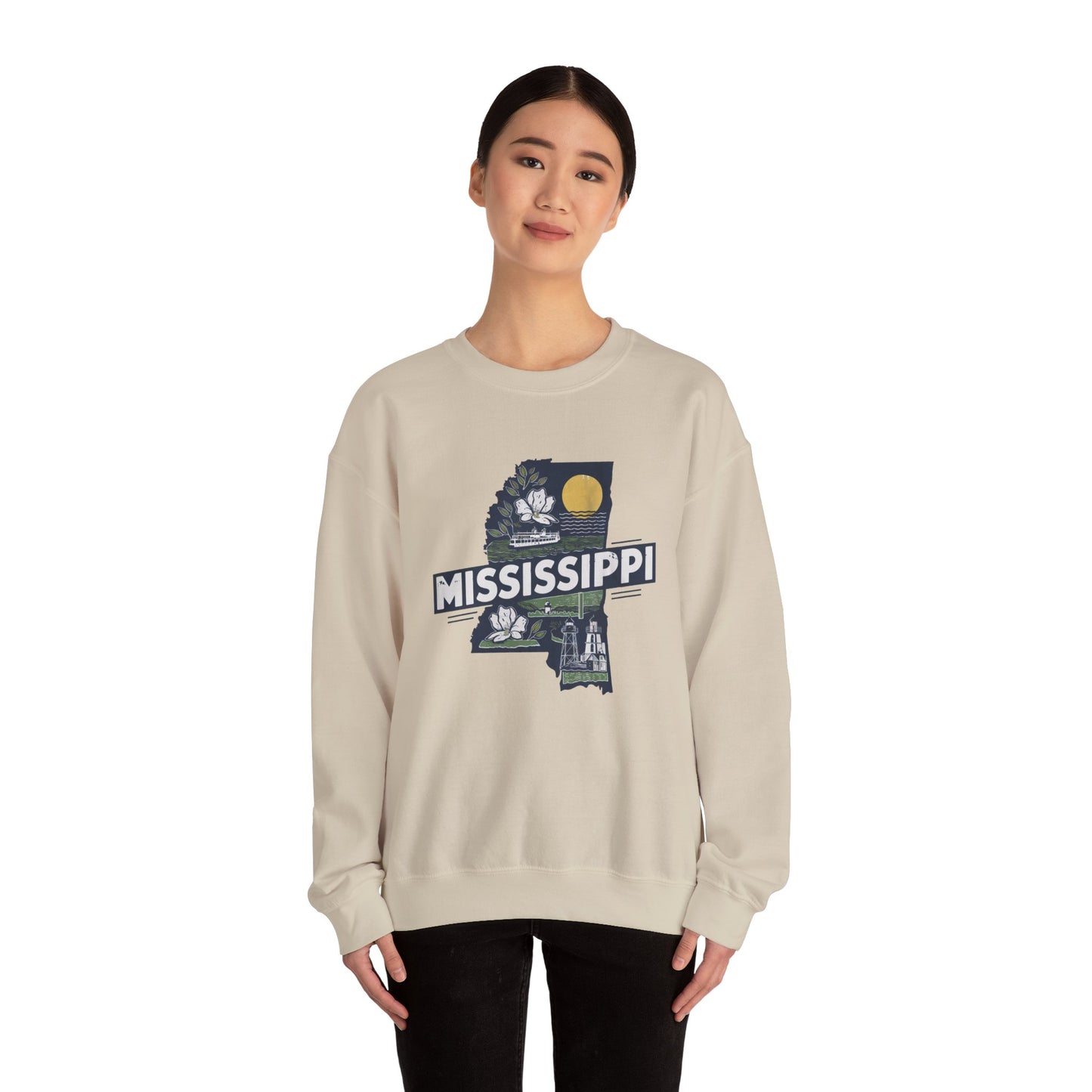 Mississippi State Map with Magnolia and Lighthouse Sweatshirt
