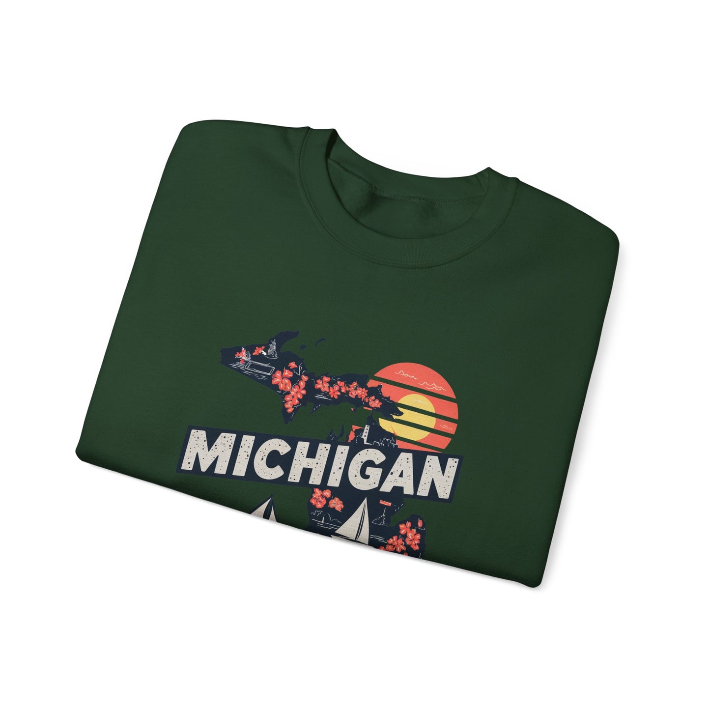 Michigan State Silhouette Sweatshirt | Retro Sunset Sailboat Lakeside