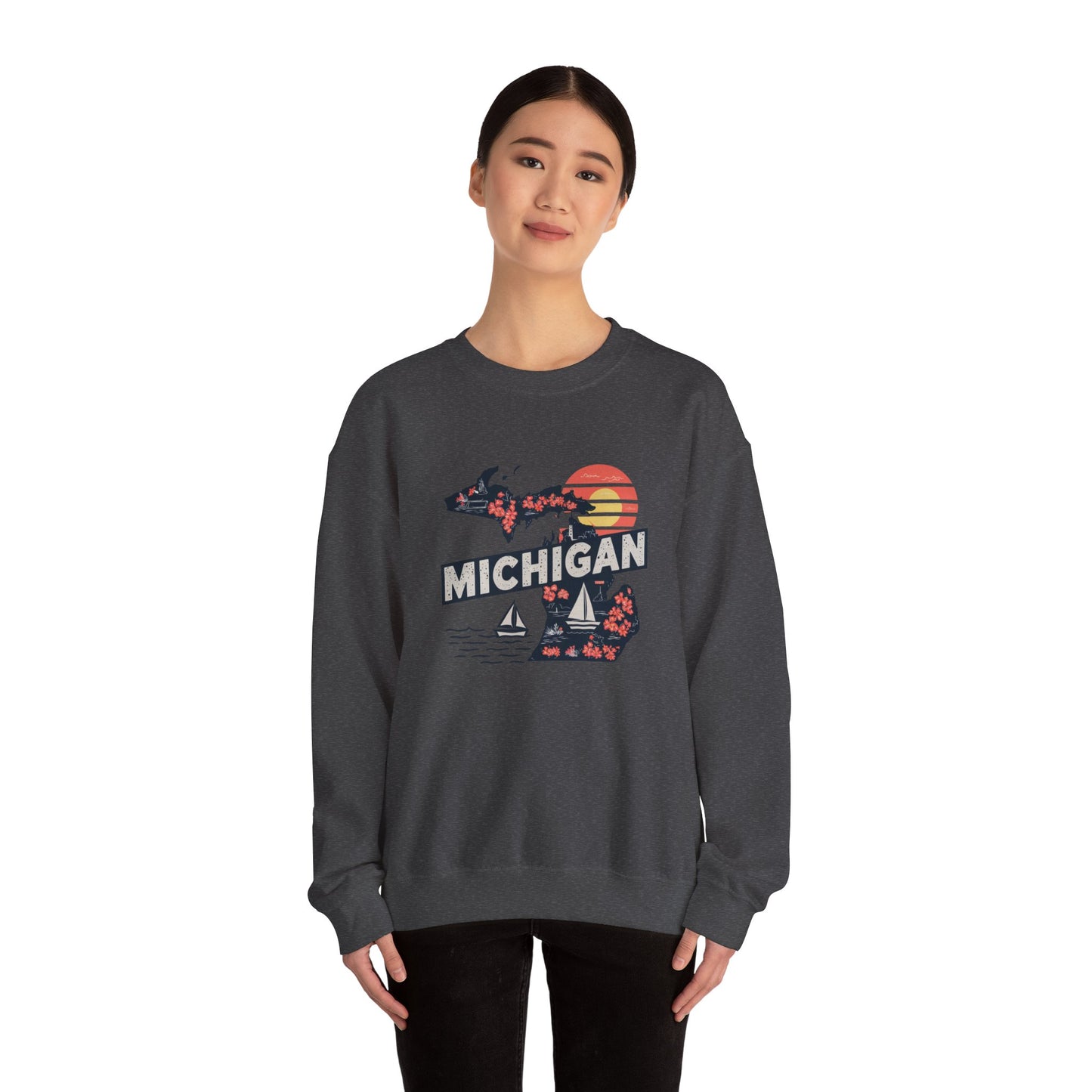 Michigan State Silhouette Sweatshirt | Retro Sunset Sailboat Lakeside
