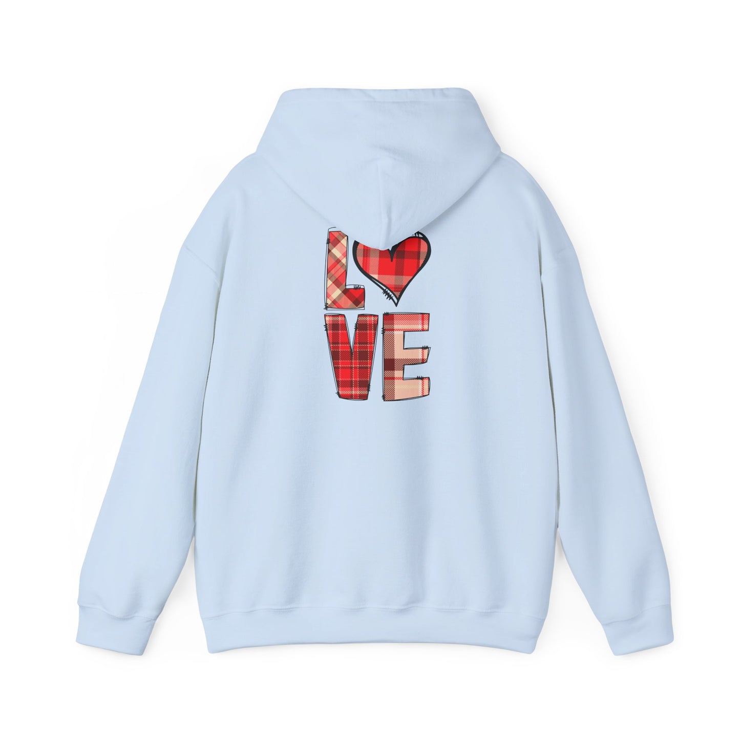 Love Hoodie with Plaid Heart on Front and Bold Love Design on Back