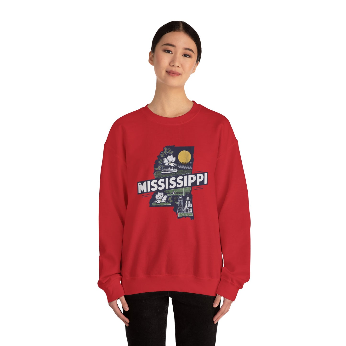 Mississippi State Map with Magnolia and Lighthouse Sweatshirt
