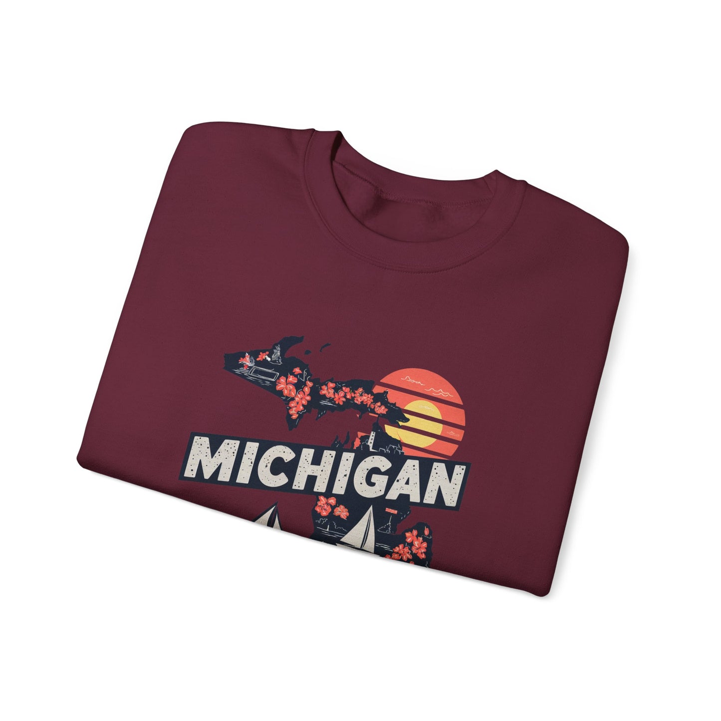 Michigan State Silhouette Sweatshirt | Retro Sunset Sailboat Lakeside