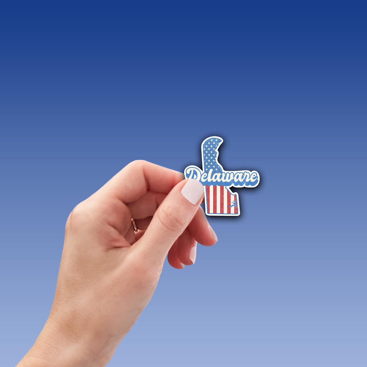 Delaware State Sticker with American Flag Background | Weatherproof Vinyl Decal