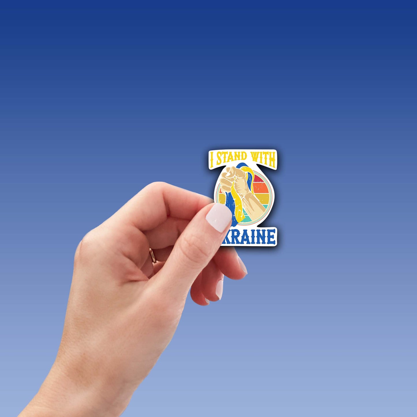 I Stand with Ukraine – Raised Fist Holding Ukrainian Flag Sticker