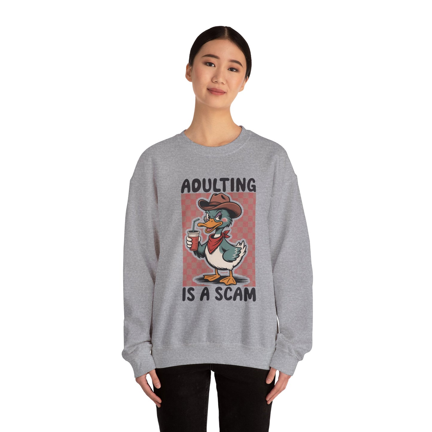 Adulting Is a Scam duck cartoon Sweatshirt | Funny Duck Graphic