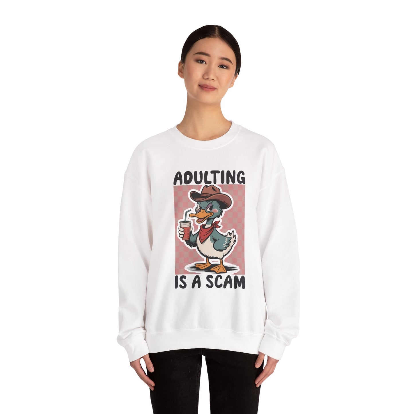 Adulting Is a Scam duck cartoon Sweatshirt | Funny Duck Graphic