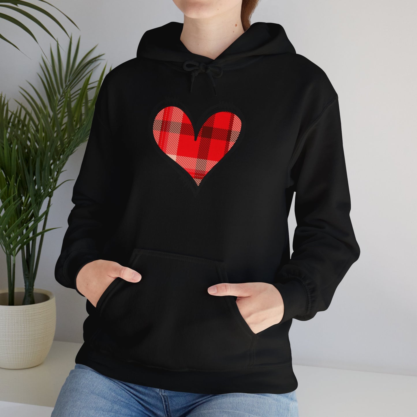 Love Hoodie with Plaid Heart on Front and Bold Love Design on Back