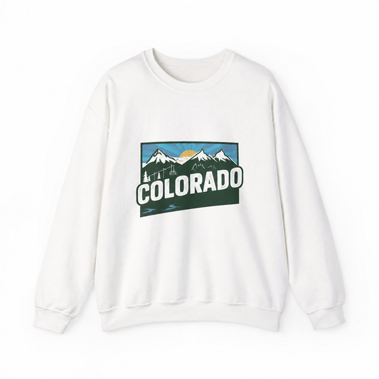 Colorado graphic on a white crewneck sweatshirt