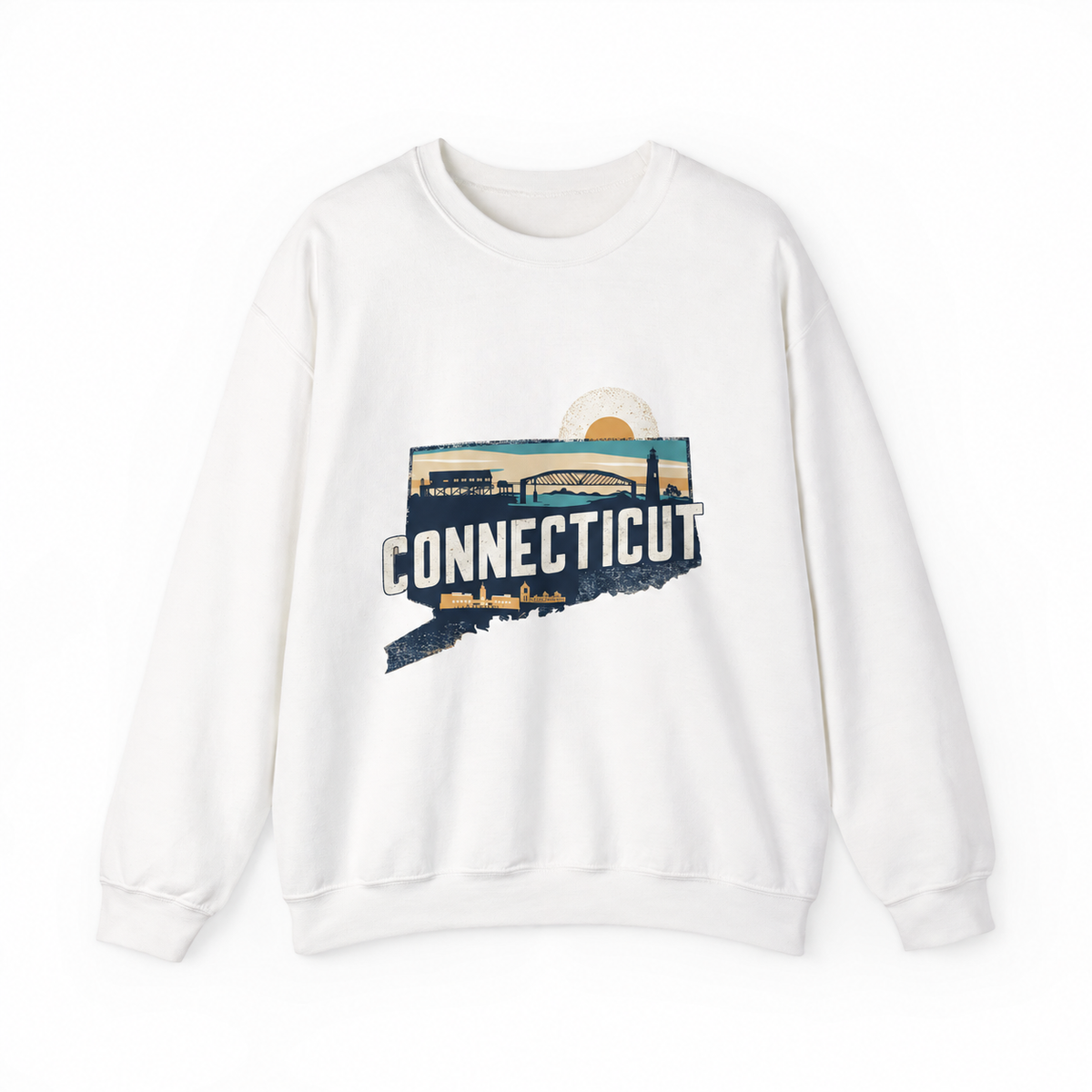 Connecticut graphic on a white crewneck sweatshirt