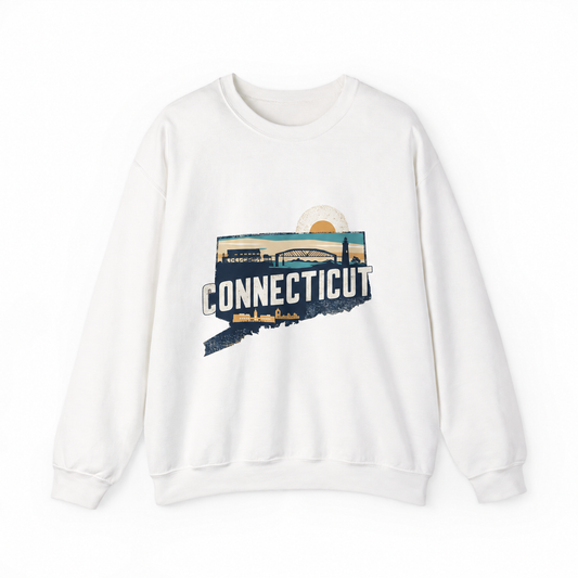 Connecticut graphic on a white crewneck sweatshirt