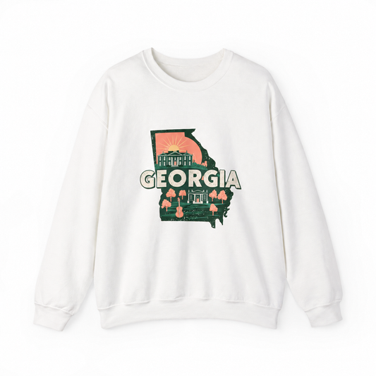 Georgia graphic on a white crewneck sweatshirt