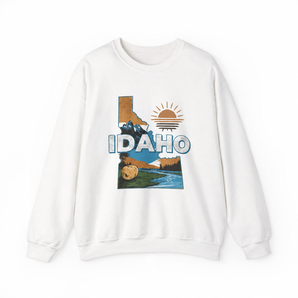 Idaho graphic on a white crewneck sweatshirt