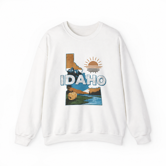 Idaho graphic on a white crewneck sweatshirt
