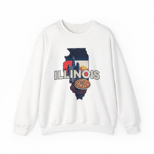 Illinois graphic on a white crewneck sweatshirt