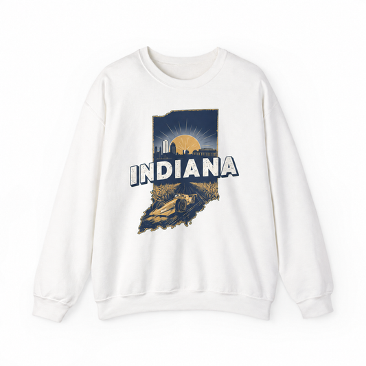Indiana graphic on a white crewneck sweatshirt