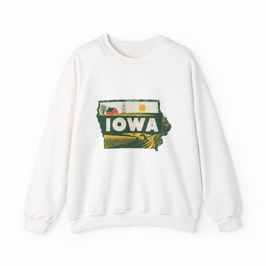 Iowa graphic on a white crewneck sweatshirt