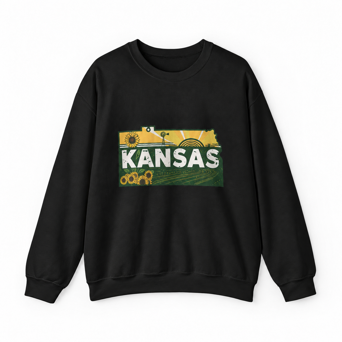 Kansas Sunflower Farm graphic on black crewneck sweatshirt