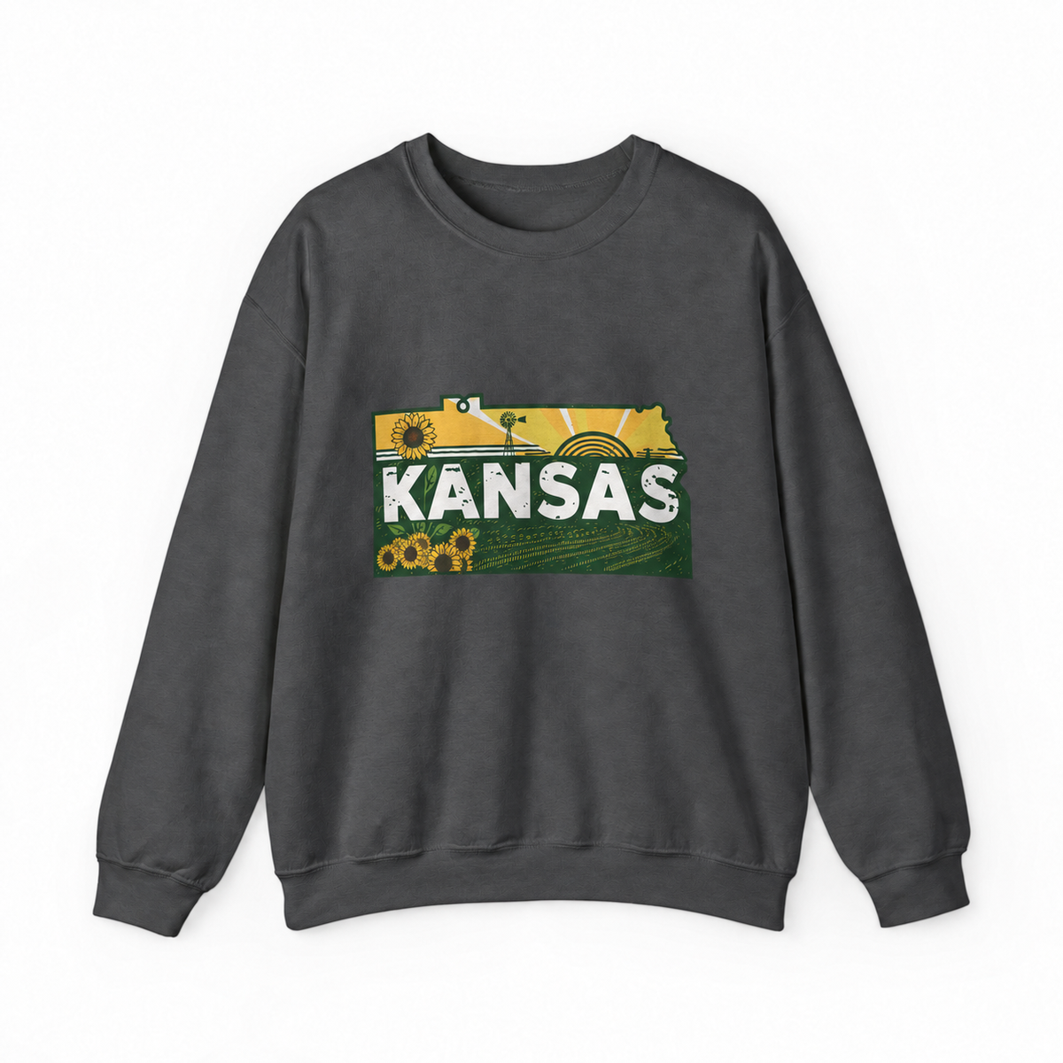 Kansas Sunflower Farm graphic on charcoal crewneck sweatshirt