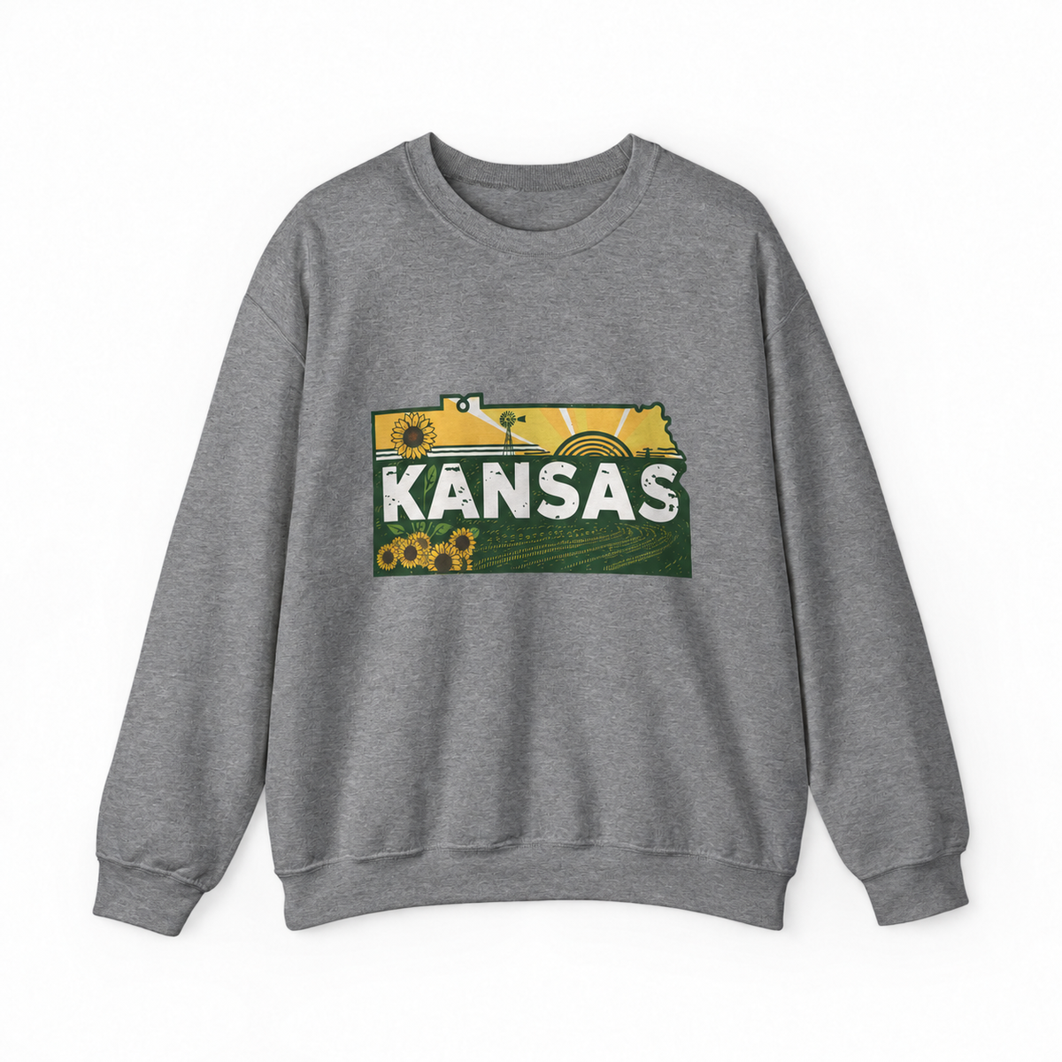 Kansas Sunflower Farm graphic on dark heather crewneck sweatshirt