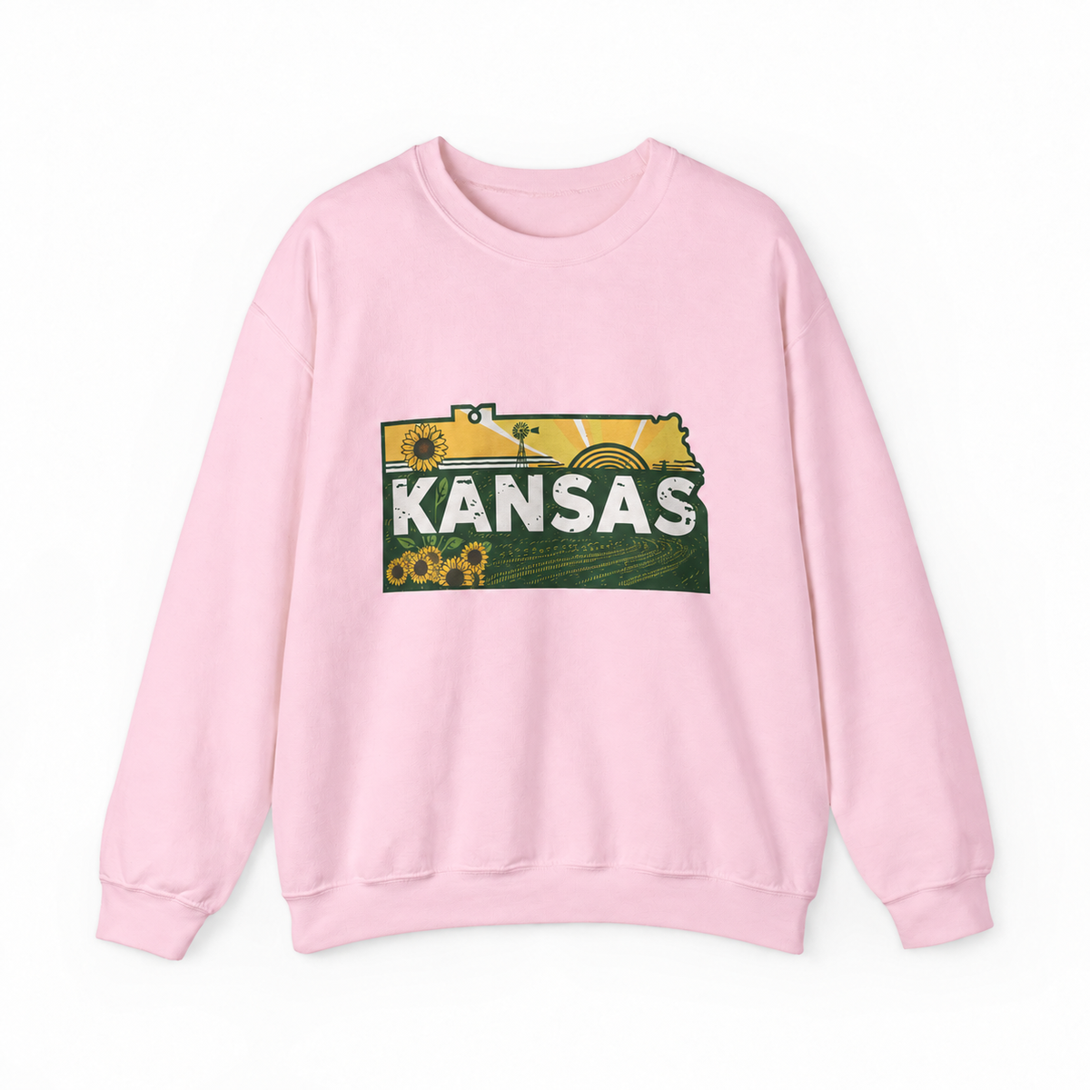 Kansas Sunflower Farm graphic on light pink crewneck sweatshirt
