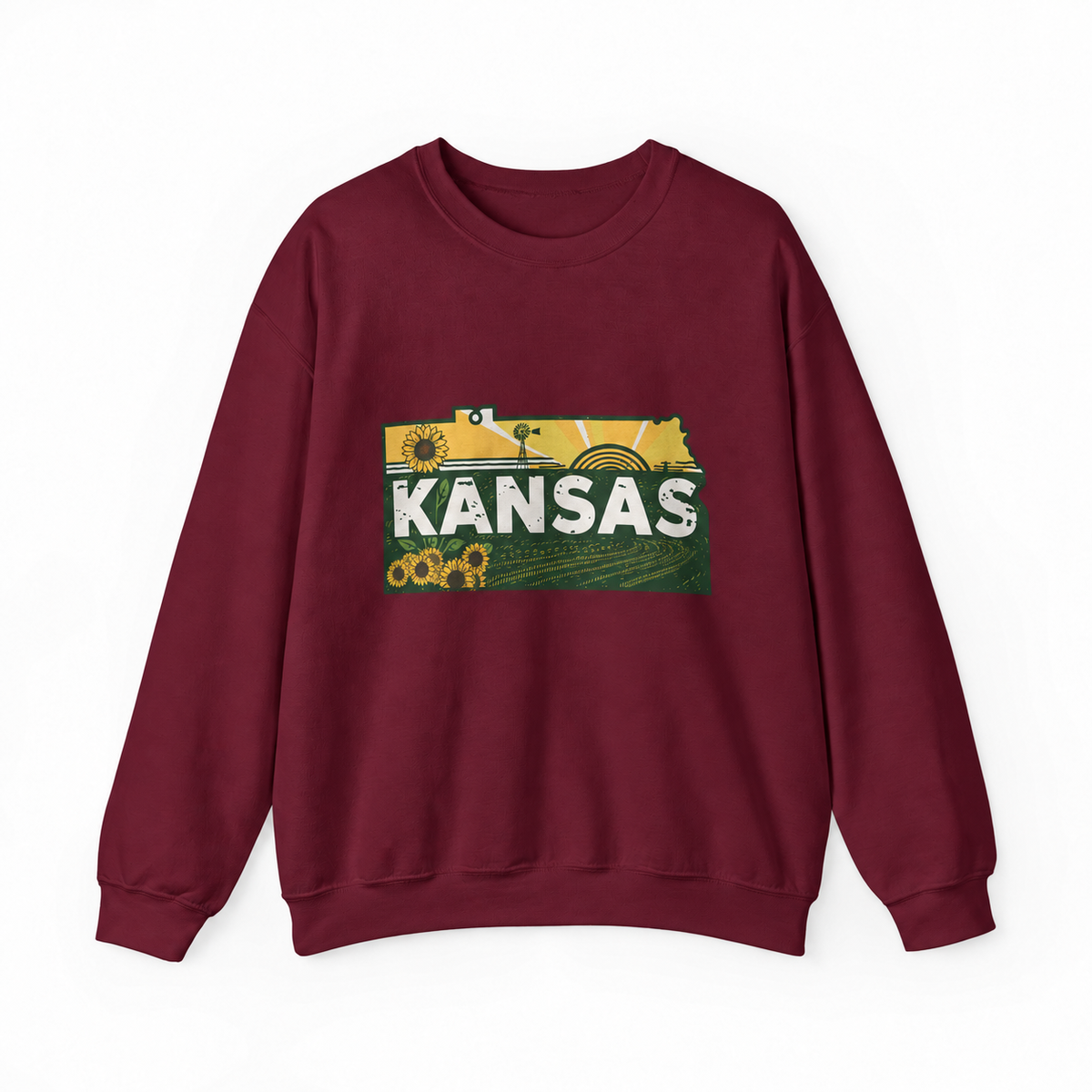 Kansas Sunflower Farm graphic on maroon crewneck sweatshirt