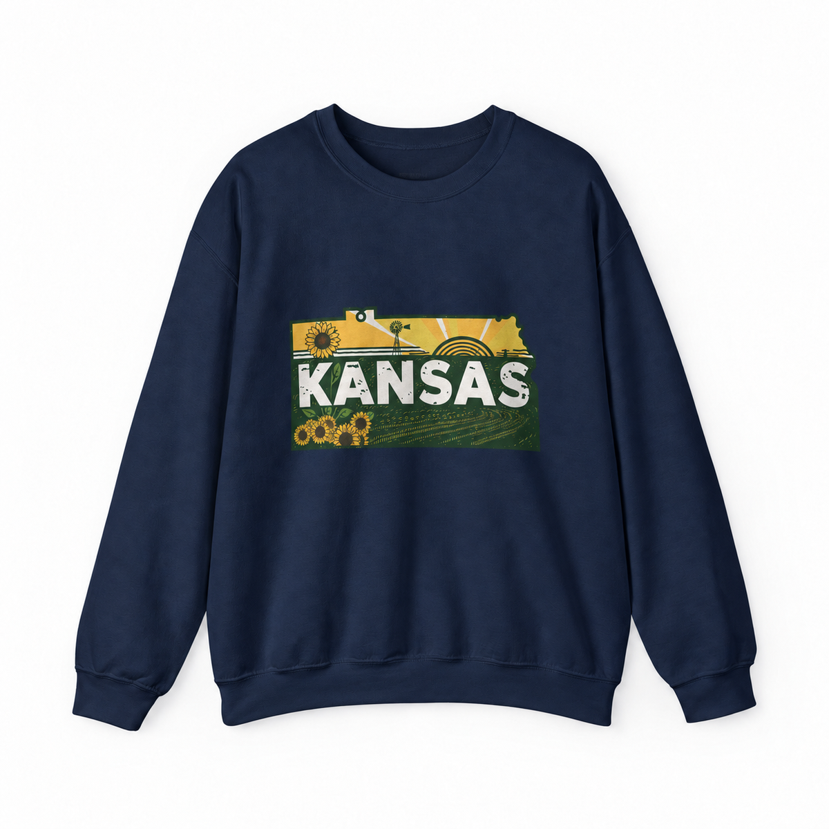 Kansas Sunflower Farm graphic on navy crewneck sweatshirt
