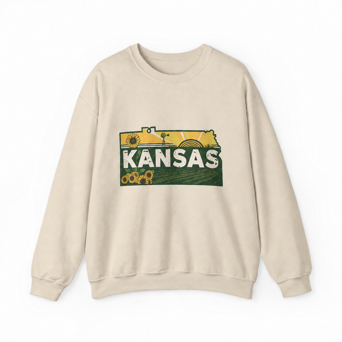 Kansas Sunflower Farm graphic on sand crewneck sweatshirt