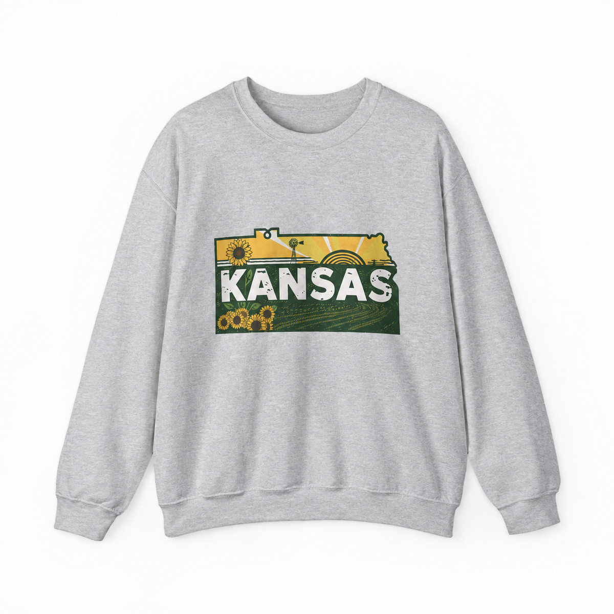Kansas Sunflower Farm graphic on sport grey crewneck sweatshirt