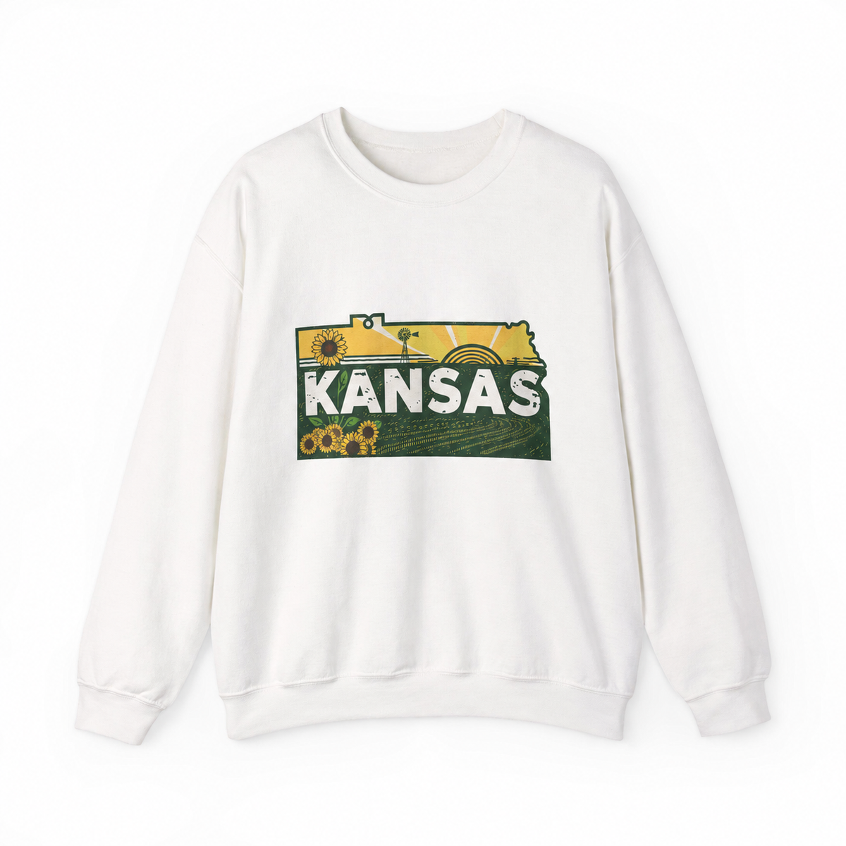 Kansas graphic on a white crewneck sweatshirt