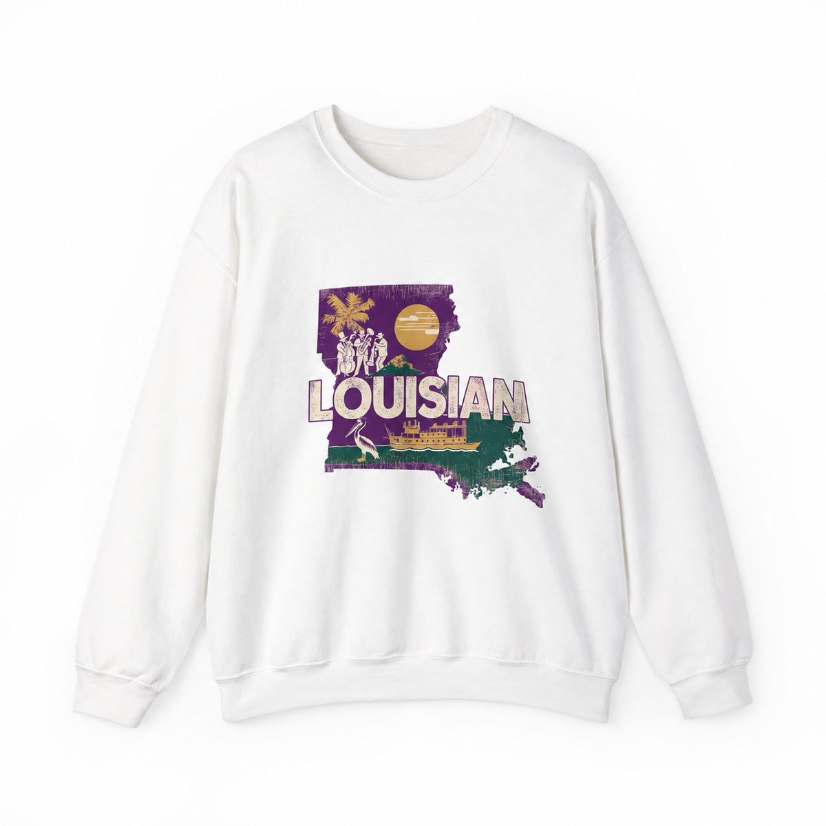 Louisiana graphic on a white crewneck sweatshirt