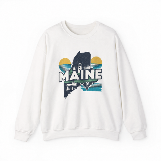 Maine graphic on a white crewneck sweatshirt
