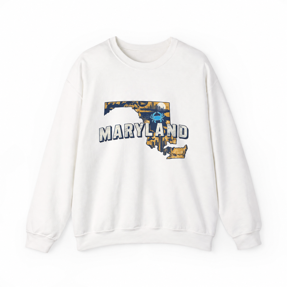 Maryland graphic on a white crewneck sweatshirt